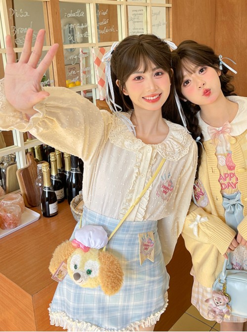 Spring Kawaii Fashion Yellow Cute Lace Doll Collar Loose Long Sleeve Ruffle Blouse