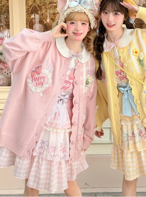 Cream Strawberry Embroidery Kawaii Fashion Scalloped Edge Bow Ribbon Plaid Pink Long Sleeve Knit Sweater