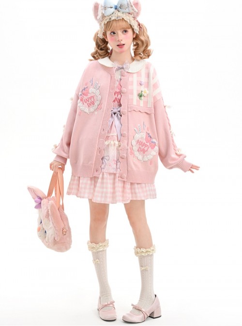 Cream Strawberry Embroidery Kawaii Fashion Scalloped Edge Bow Ribbon Plaid Pink Long Sleeve Knit Sweater