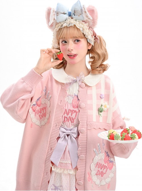 Cream Strawberry Embroidery Kawaii Fashion Scalloped Edge Bow Ribbon Plaid Pink Long Sleeve Knit Sweater