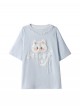 Light Blue Kawaii Fashion Plush Cartoon Kitty Cat Sweet Moe Girl Casual Lace Round Neck Long T-Shirt