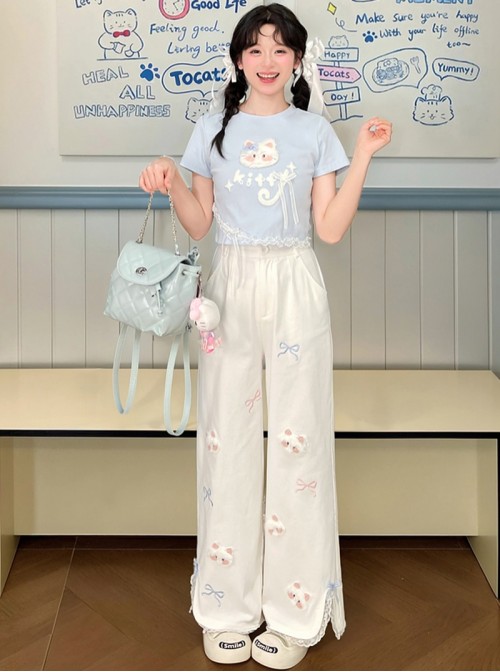 White Kawaii Fashion Bowknot Plush Cartoon Kitty Cat Sweet Girl Casual Loose Fit Long Pants