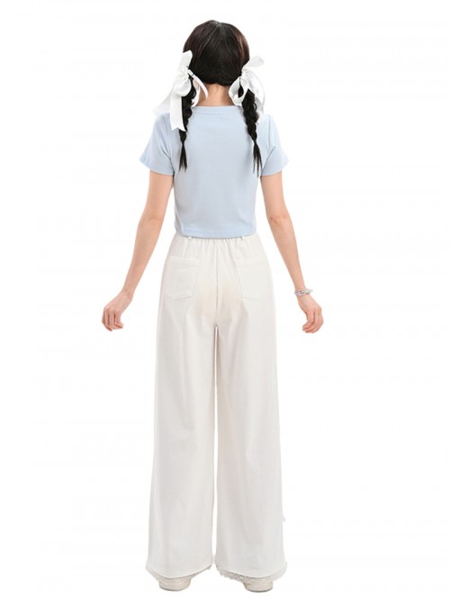White Kawaii Fashion Bowknot Plush Cartoon Kitty Cat Sweet Girl Casual Loose Fit Long Pants