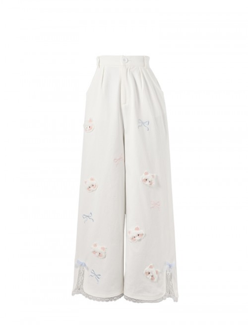 White Kawaii Fashion Bowknot Plush Cartoon Kitty Cat Sweet Girl Casual Loose Fit Long Pants