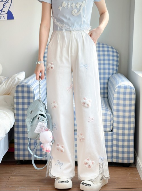 White Kawaii Fashion Bowknot Plush Cartoon Kitty Cat Sweet Girl Casual Loose Fit Long Pants