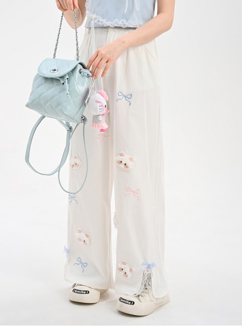 White Kawaii Fashion Bowknot Plush Cartoon Kitty Cat Sweet Girl Casual Loose Fit Long Pants
