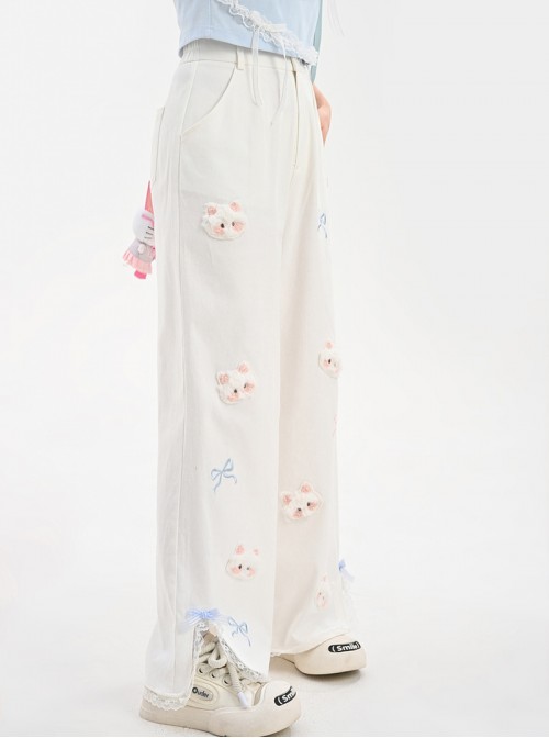 White Kawaii Fashion Bowknot Plush Cartoon Kitty Cat Sweet Girl Casual Loose Fit Long Pants