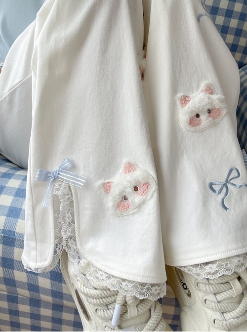 White Kawaii Fashion Bowknot Plush Cartoon Kitty Cat Sweet Girl Casual Loose Fit Long Pants