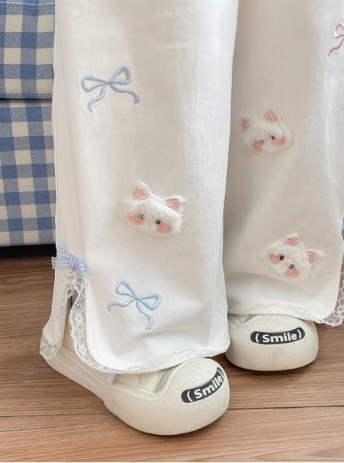 White Kawaii Fashion Bowknot Plush Cartoon Kitty Cat Sweet Girl Casual Loose Fit Long Pants
