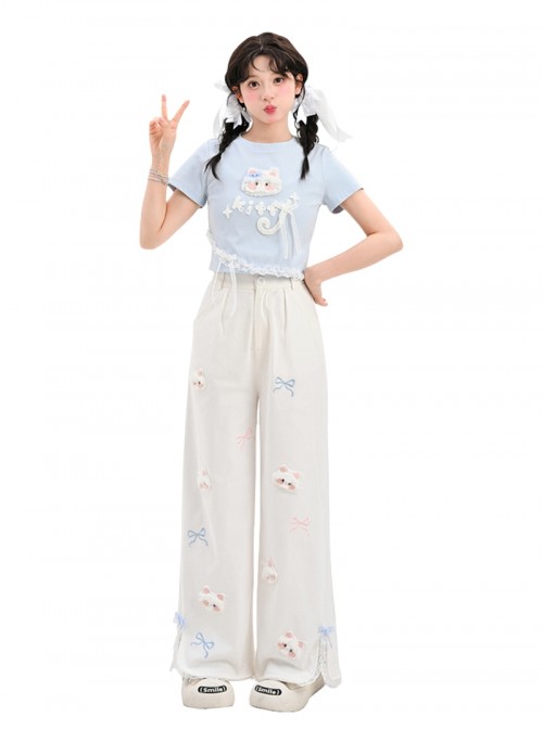 White Kawaii Fashion Bowknot Plush Cartoon Kitty Cat Sweet Girl Casual Loose Fit Long Pants