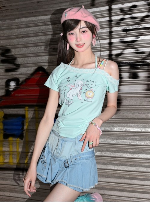 Summer Cool Mint Green Kawaii Fashion Y2K Angel Lamb Graphic T Shirt Chic Denim Skirt Set