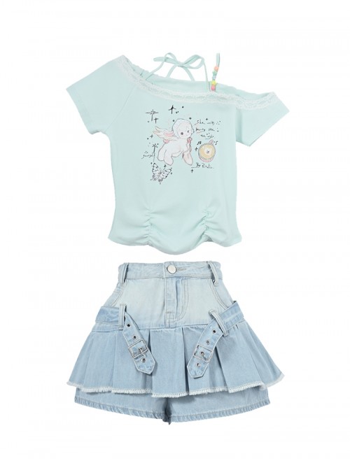 Summer Cool Mint Green Kawaii Fashion Y2K Angel Lamb Graphic T Shirt Chic Denim Skirt Set