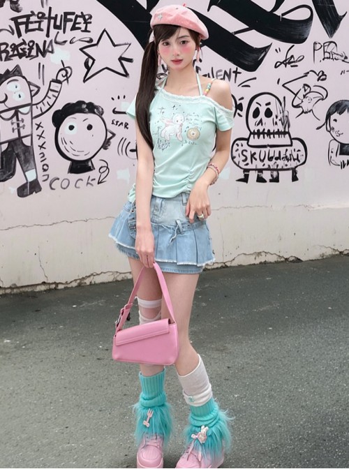 Summer Cool Mint Green Kawaii Fashion Y2K Angel Lamb Graphic T Shirt Chic Denim Skirt Set