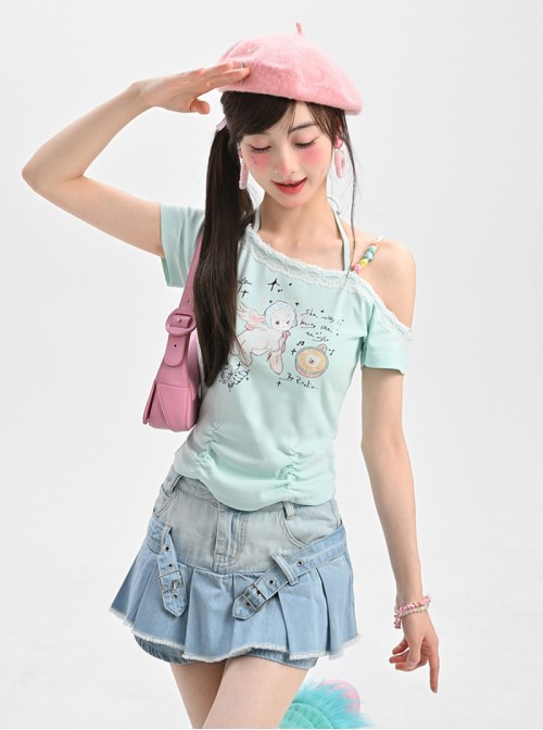 Summer Cool Mint Green Kawaii Fashion Y2K Angel Lamb Graphic T Shirt Chic Denim Skirt Set