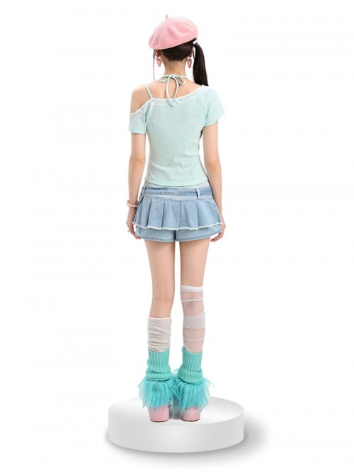 Summer Cool Mint Green Kawaii Fashion Y2K Angel Lamb Graphic T Shirt Chic Denim Skirt Set
