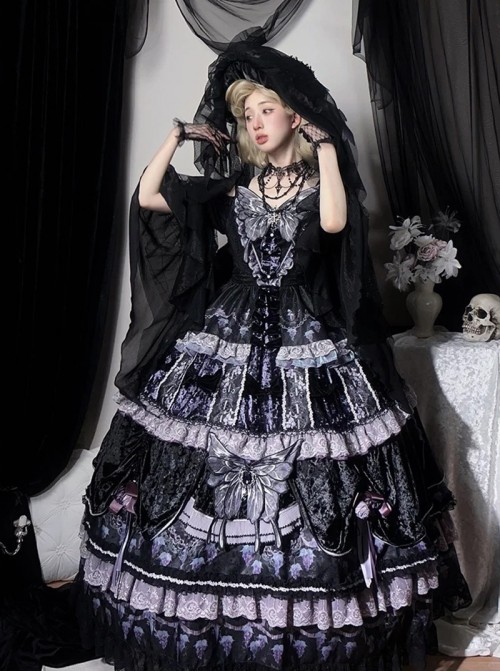Twilight Manor Series Elegant Classic Lolita Black Purple Gorgeous Noble Butterfly Ruffle Long Off Shoulder Dress Set