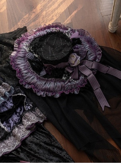 Twilight Manor Series Elegant Classic Lolita Black Purple Gorgeous Noble Butterfly Ruffle Long Off Shoulder Dress Set