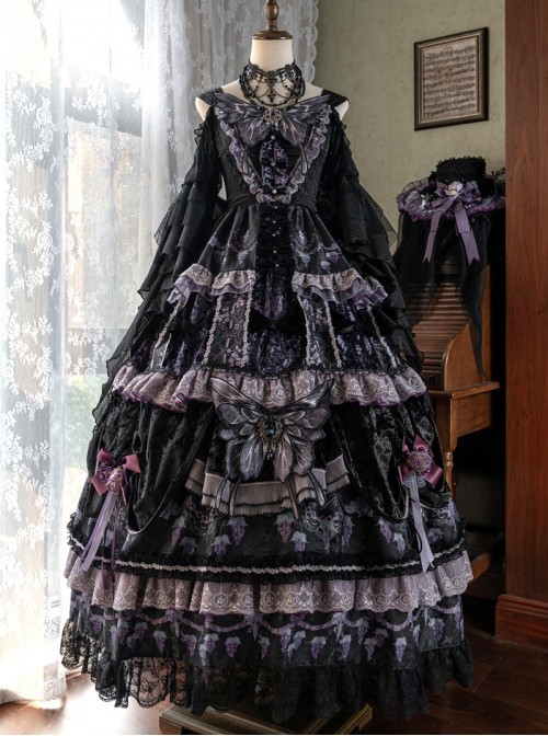 Twilight Manor Series Elegant Classic Lolita Black Purple Gorgeous Noble Butterfly Ruffle Long Off Shoulder Dress Set