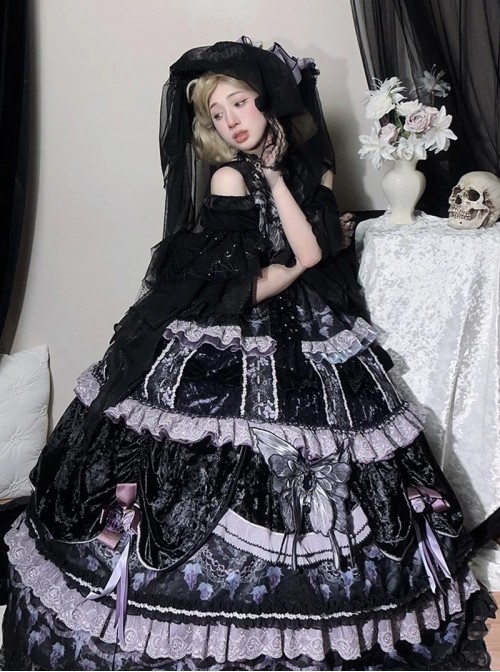 Twilight Manor Series Elegant Classic Lolita Black Purple Gorgeous Noble Butterfly Ruffle Long Off Shoulder Dress Set