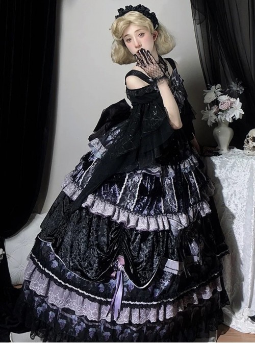 Twilight Manor Series Elegant Classic Lolita Black Purple Gorgeous Noble Butterfly Ruffle Long Off Shoulder Dress Set