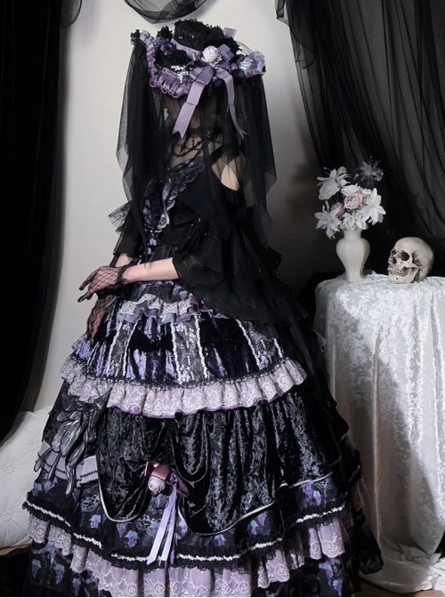 Twilight Manor Series Elegant Classic Lolita Black Purple Gorgeous Noble Butterfly Ruffle Long Off Shoulder Dress Set