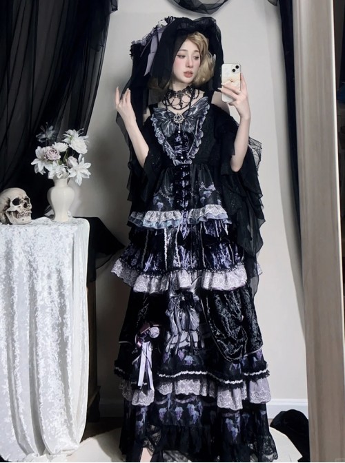 Twilight Manor Series Elegant Classic Lolita Black Purple Gorgeous Noble Butterfly Ruffle Long Off Shoulder Dress Set