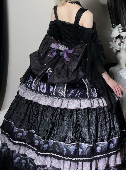 Twilight Manor Series Elegant Classic Lolita Black Purple Gorgeous Noble Butterfly Ruffle Long Off Shoulder Dress Set