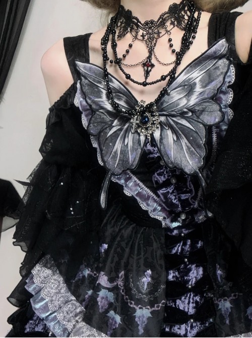Twilight Manor Series Elegant Classic Lolita Black Purple Gorgeous Noble Butterfly Ruffle Long Off Shoulder Dress Set