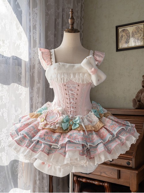 Candy House Series Sweet Lolita Pink Cute Printing Magical Girl Ballet Style Short Dress Set