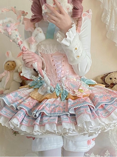 Candy House Series Sweet Lolita Pink Cute Printing Magical Girl Ballet Style Short Dress Set