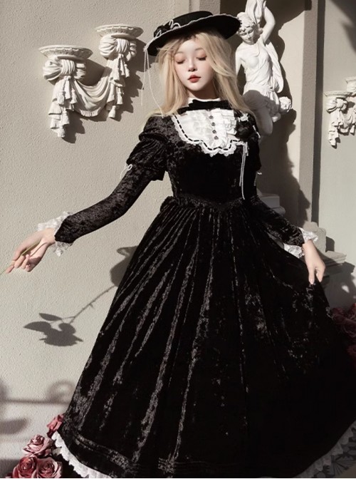 Whispering Castle Series Elegant Gothic Lolita Black Noble Ruff Collar Long Sleeve Dress Cloak Pearl Bonnet Hat Set