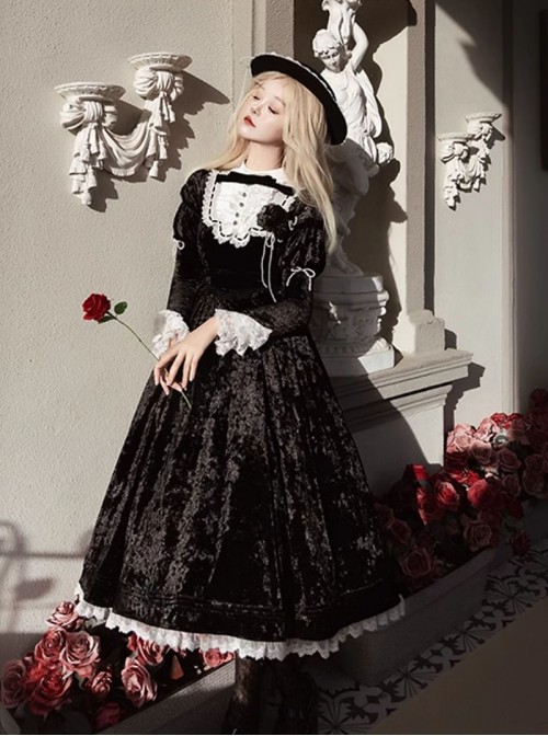 Whispering Castle Series Elegant Gothic Lolita Black Noble Ruff Collar Long Sleeve Dress Cloak Pearl Bonnet Hat Set