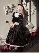 Whispering Castle Series Elegant Gothic Lolita Black Noble Ruff Collar Long Sleeve Dress Cloak Pearl Bonnet Hat Set