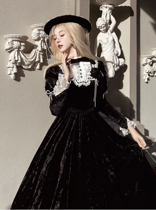 Whispering Castle Series Elegant Gothic Lolita Black Noble Ruff Collar Long Sleeve Dress Cloak Pearl Bonnet Hat Set