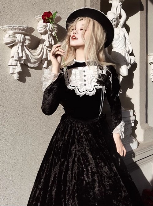 Whispering Castle Series Elegant Gothic Lolita Black Noble Ruff Collar Long Sleeve Dress Cloak Pearl Bonnet Hat Set
