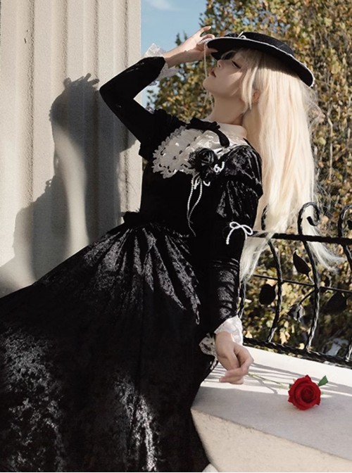 Whispering Castle Series Elegant Gothic Lolita Black Noble Ruff Collar Long Sleeve Dress Cloak Pearl Bonnet Hat Set