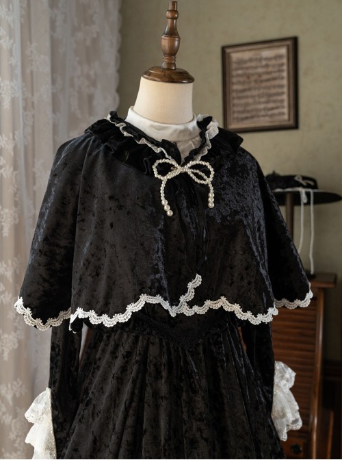 Whispering Castle Series Elegant Gothic Lolita Black Noble Ruff Collar Long Sleeve Dress Cloak Pearl Bonnet Hat Set