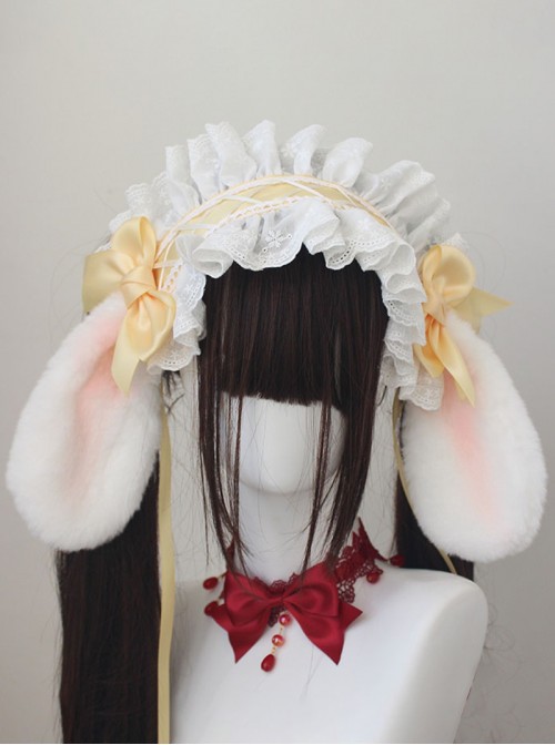 Original Versatile Soft Girl Sweet Lolita Cute Plush Droopy Rabbit Ears Ruffle Bow Ribbon Hairband