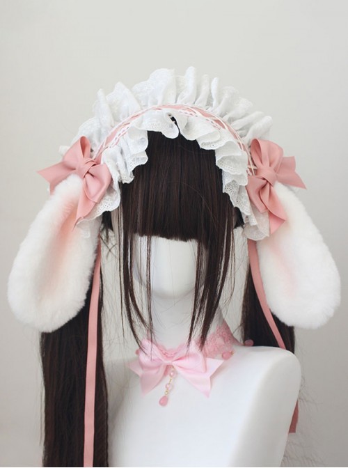 Original Versatile Soft Girl Sweet Lolita Cute Plush Droopy Rabbit Ears Ruffle Bow Ribbon Hairband