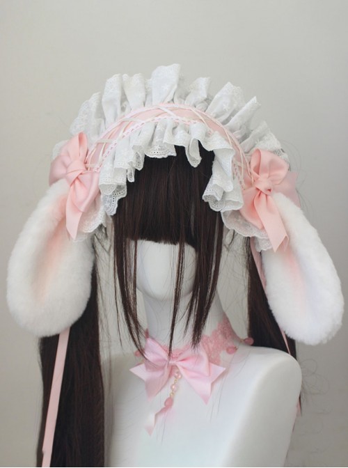 Original Versatile Soft Girl Sweet Lolita Cute Plush Droopy Rabbit Ears Ruffle Bow Ribbon Hairband