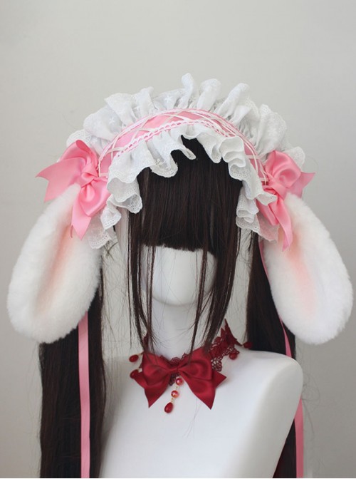 Original Versatile Soft Girl Sweet Lolita Cute Plush Droopy Rabbit Ears Ruffle Bow Ribbon Hairband
