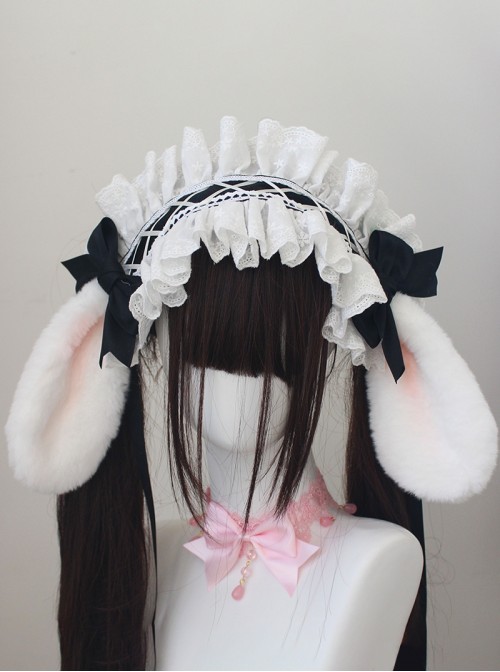 Original Versatile Soft Girl Sweet Lolita Cute Plush Droopy Rabbit Ears Ruffle Bow Ribbon Hairband