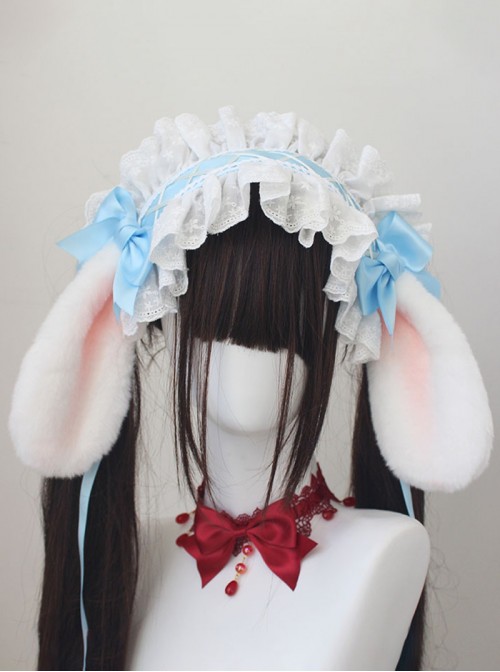 Original Versatile Soft Girl Sweet Lolita Cute Plush Droopy Rabbit Ears Ruffle Bow Ribbon Hairband