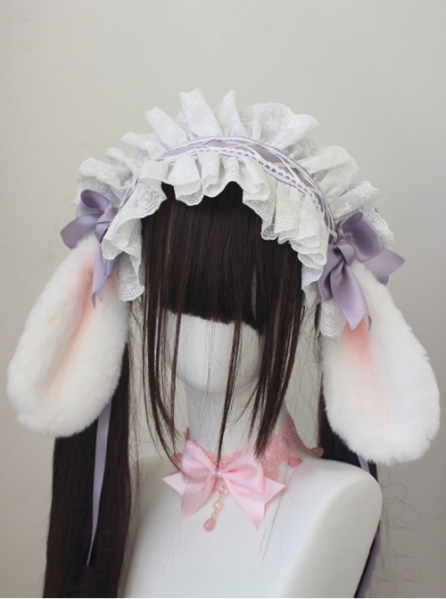 Original Versatile Soft Girl Sweet Lolita Cute Plush Droopy Rabbit Ears Ruffle Bow Ribbon Hairband