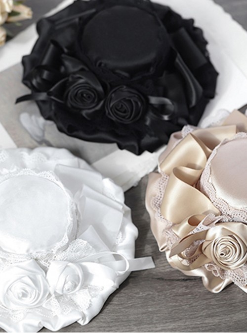 Elegant Exquisite Classic Lolita Lace Silk Texture Satin Flowers Round Bonnet Hat