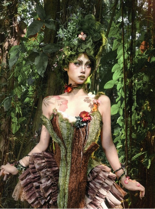 Forest Spirit Series Kawaii Fashion Faux Bark Branch Spring Natural Elf Boned Lace Up Plush Corset Top
