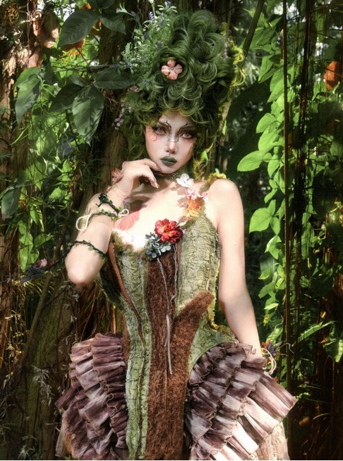 Forest Spirit Series Kawaii Fashion Faux Bark Branch Spring Natural Elf Boned Lace Up Plush Corset Top