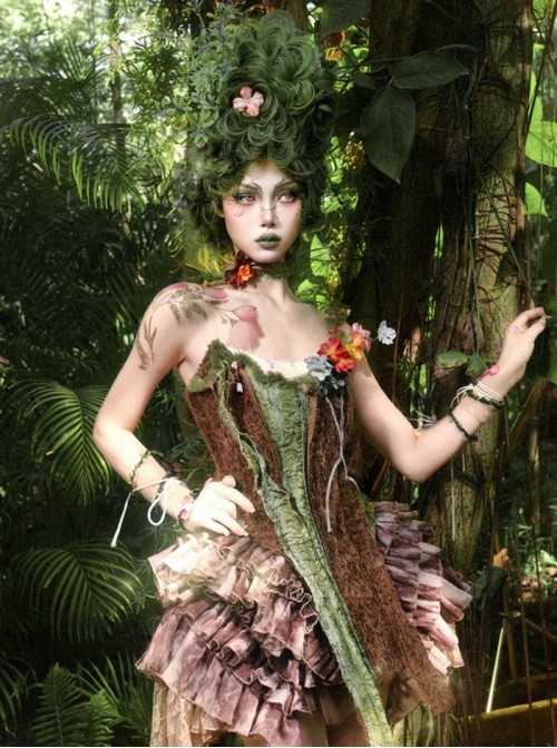Forest Spirit Series Kawaii Fashion Faux Bark Branch Spring Natural Elf Boned Lace Up Plush Corset Top