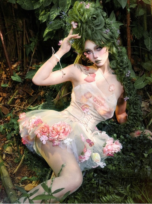 Forest Spirit Series Kawaii Fashion Light Pink Sexy Sweet Simulation Flowers Chiffon Halter Tank Top