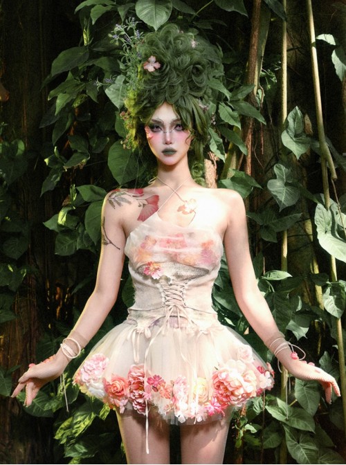 Forest Spirit Series Kawaii Fashion Light Pink Sexy Sweet Simulation Flowers Chiffon Halter Tank Top